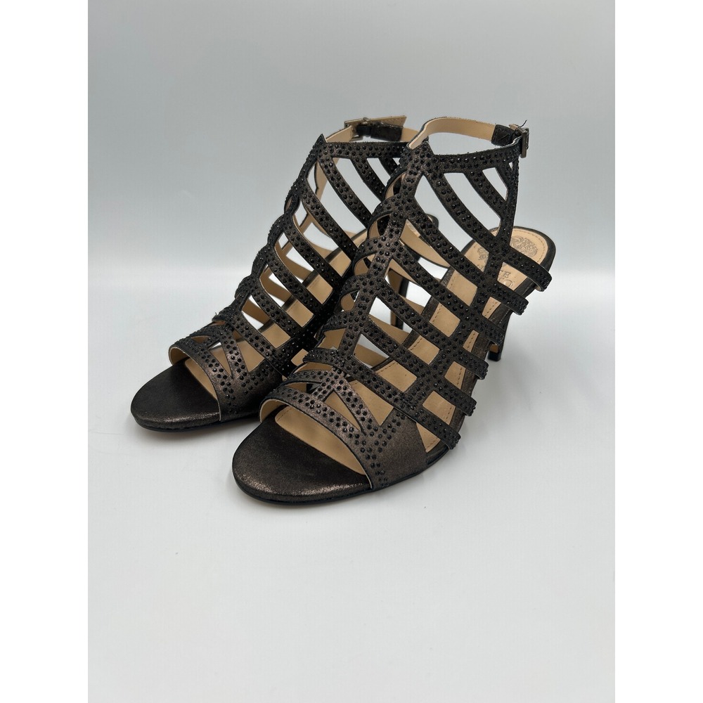 Vince Camuto Prisilla Pewter Metallic Rhinestone Cage Kitten Heels Women's 7